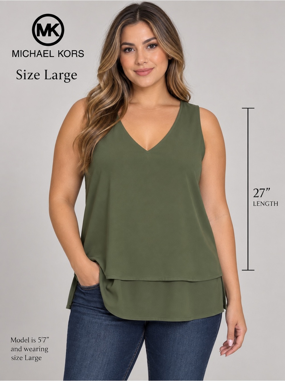 Michael Kors Women's Olive Green Sleeveless V-
Neck Tank Top Blouse Size Large